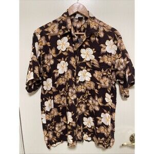 Vintage ALOHA SHIRT Brown White HIBISCUS Collection Size L Hawaii